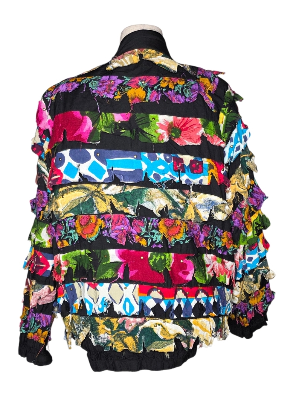 Vintage 90s Carina Patchwork Jacket XL Boho Frayed Floral Zip Art - Picture 2 of 10